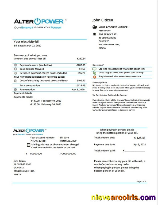 Malta AlterPower Malta proof of address utility bill
